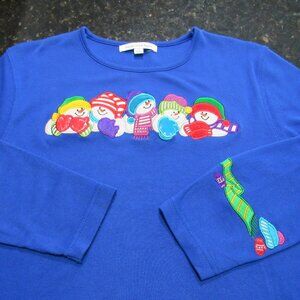 Mercer Street Studio Blue Large Embroidered Snowman Crew Christmas Long sleeve